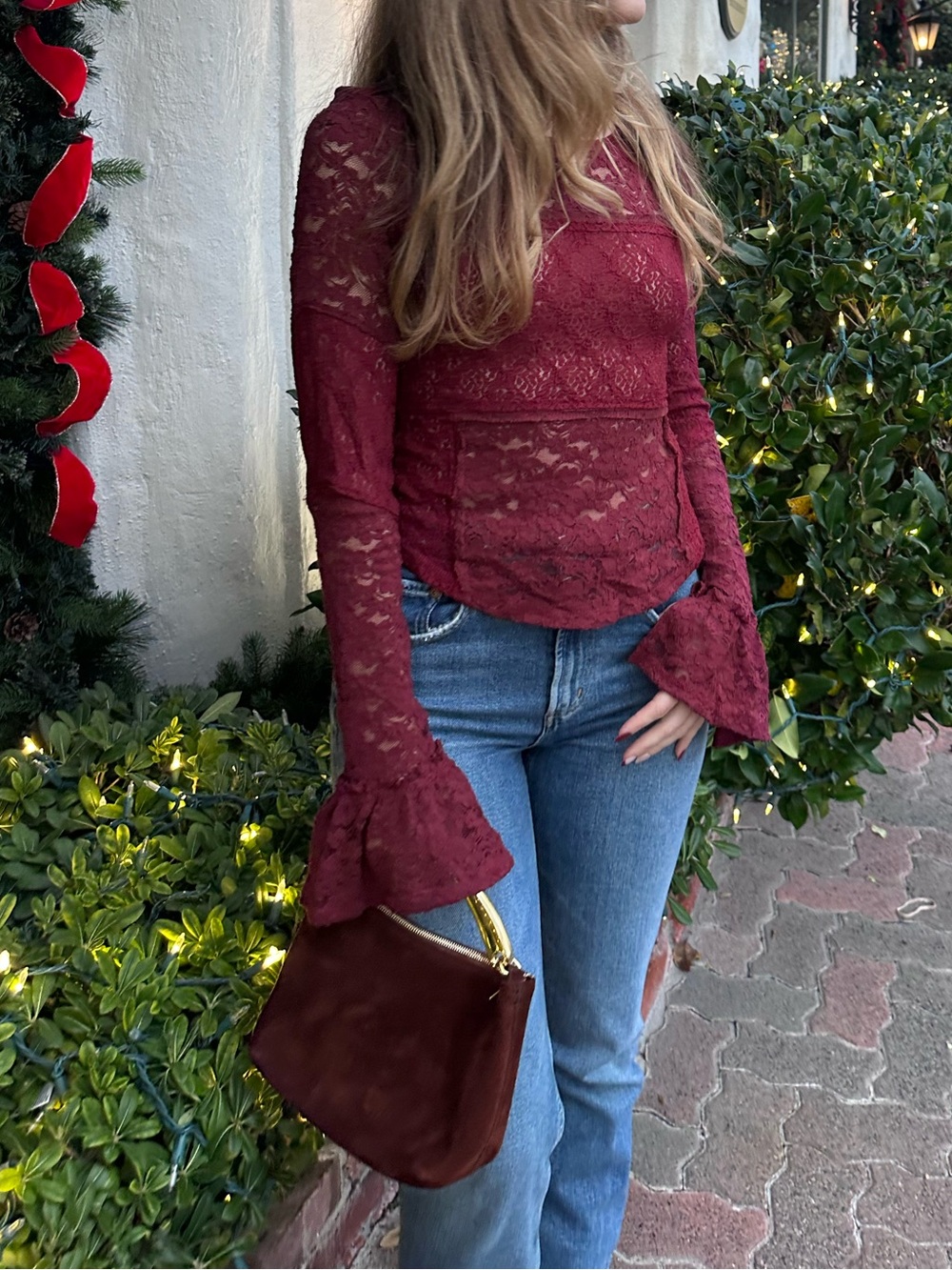 Free People Burgundy Lace Bell-Sleeve Blouse